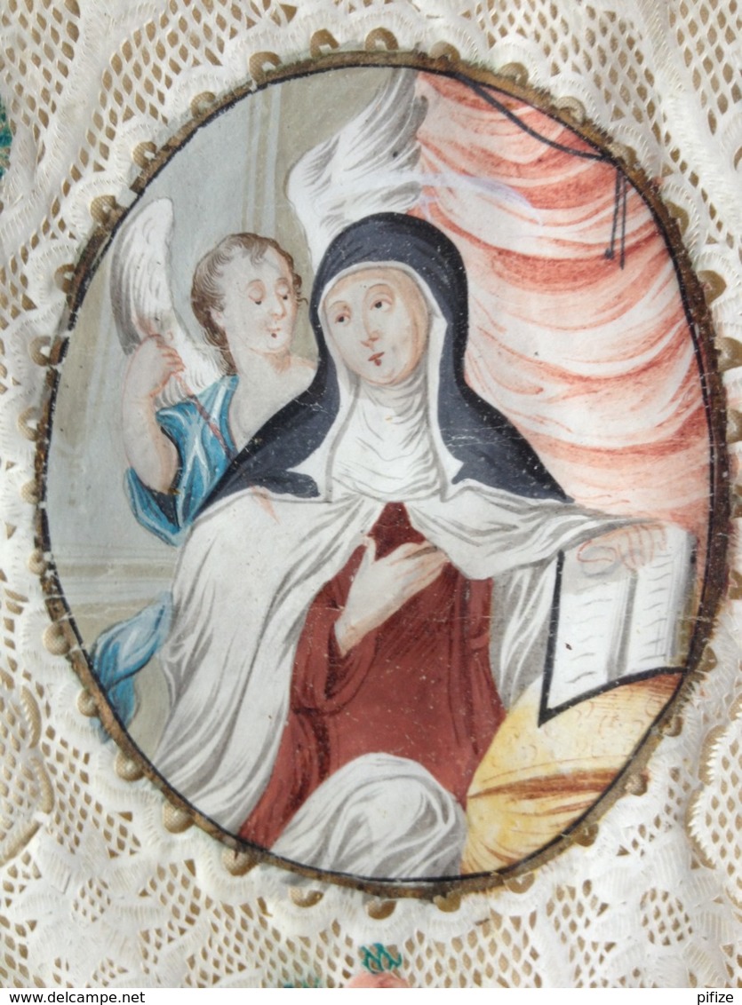 Superbe grand canivet XVIIIe en vélin , dans son cadre d'origine . Sainte Thérèse . S. Theresia . Ange .