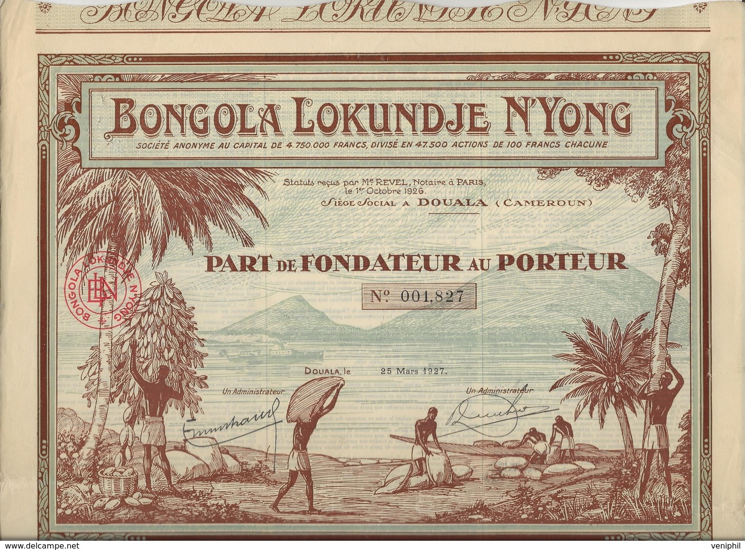 PART DE FONDATEUR ILLUSTREE - BONGOLA LOKUNDJE N'YONG -TTB - ANNEE 1927 - Banque & Assurance