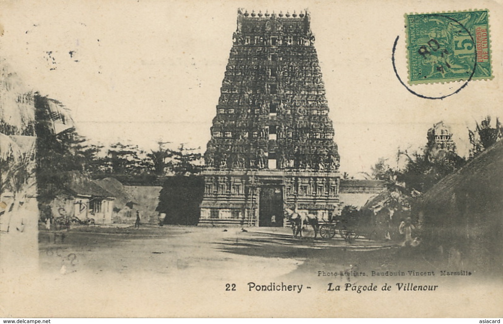 22 Pondichery La Pagode De Villenour   Photo Vincent Undivided Back Hinduism Hindou  P. Used Stamp Ets Français Inde - India