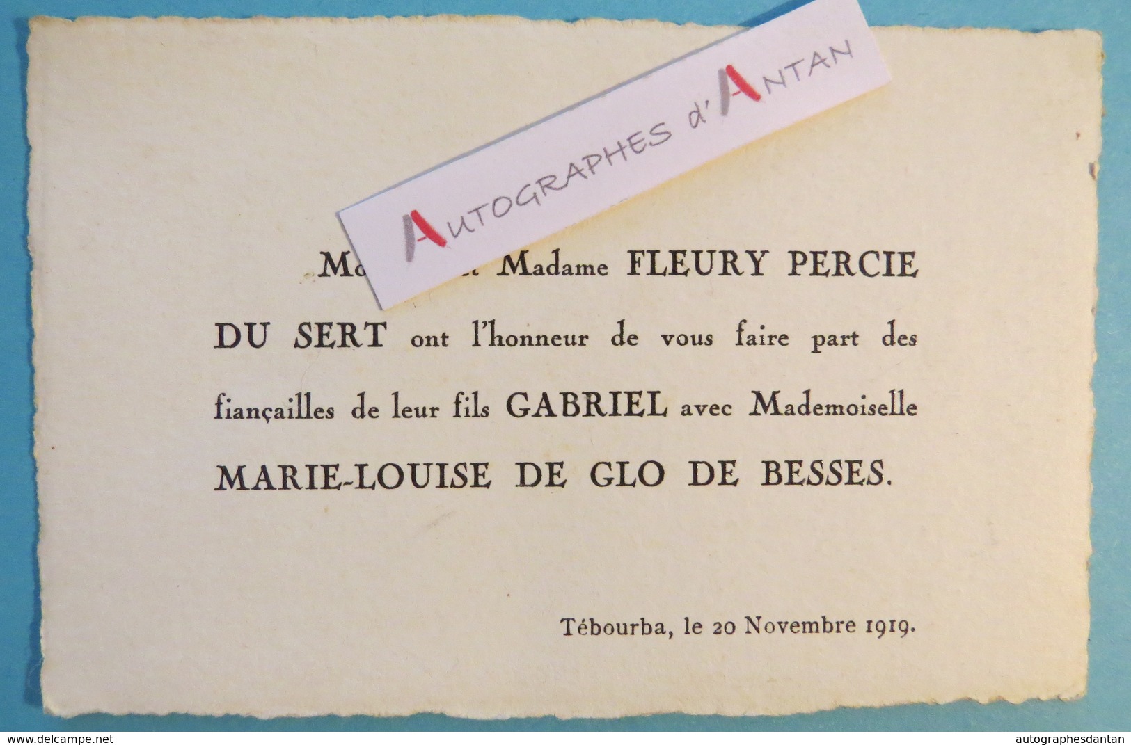 Famille FLEURY PERCIE DU SERT & DE GLO DE BESSES - Faire Part Fiancailles - 1919 - TEBOURBA En TUNISIE Tunisia - Fiançailles