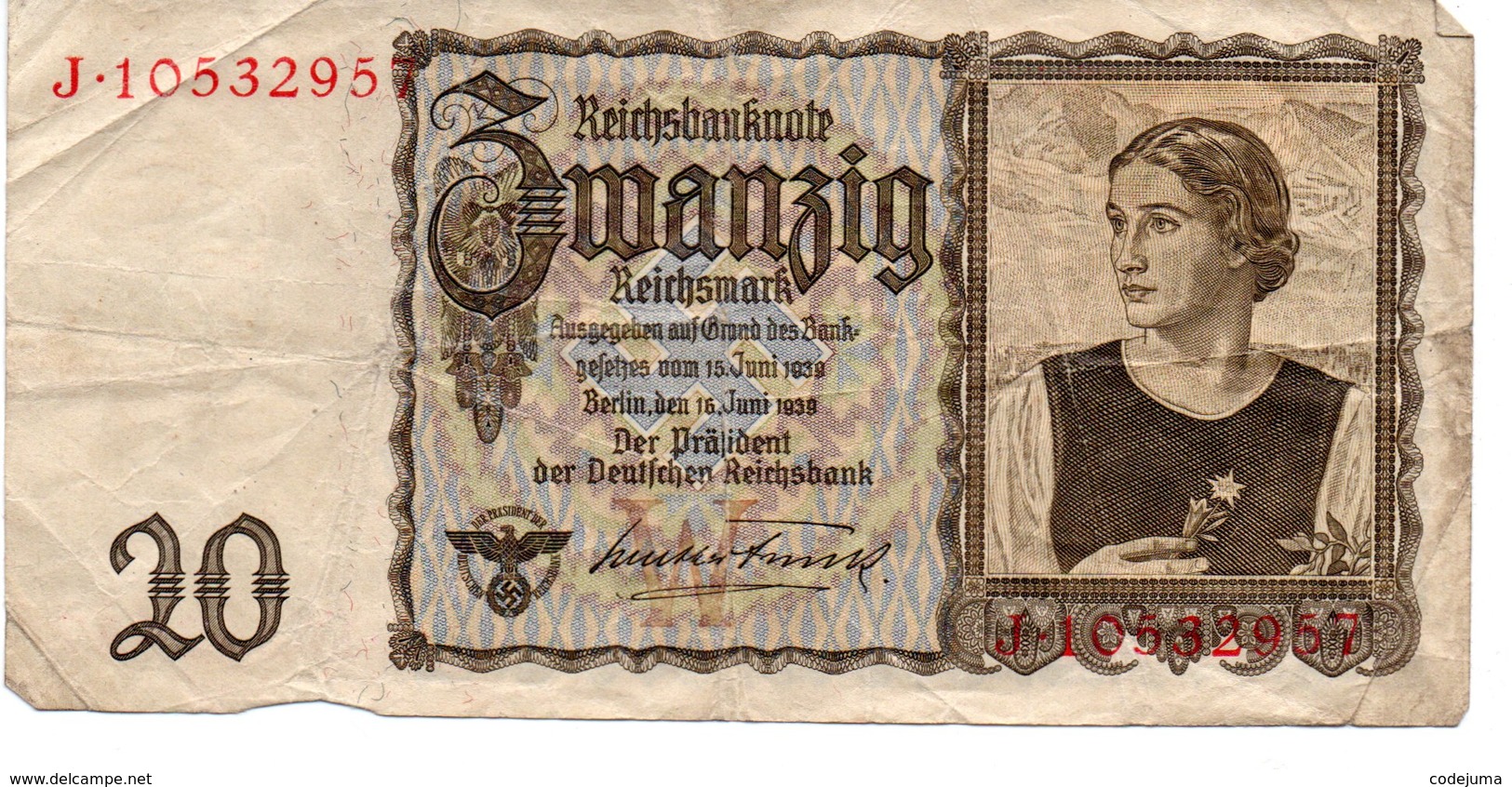 Billet  20 Reichsmark Juin 1939 - 20 Reichsmark