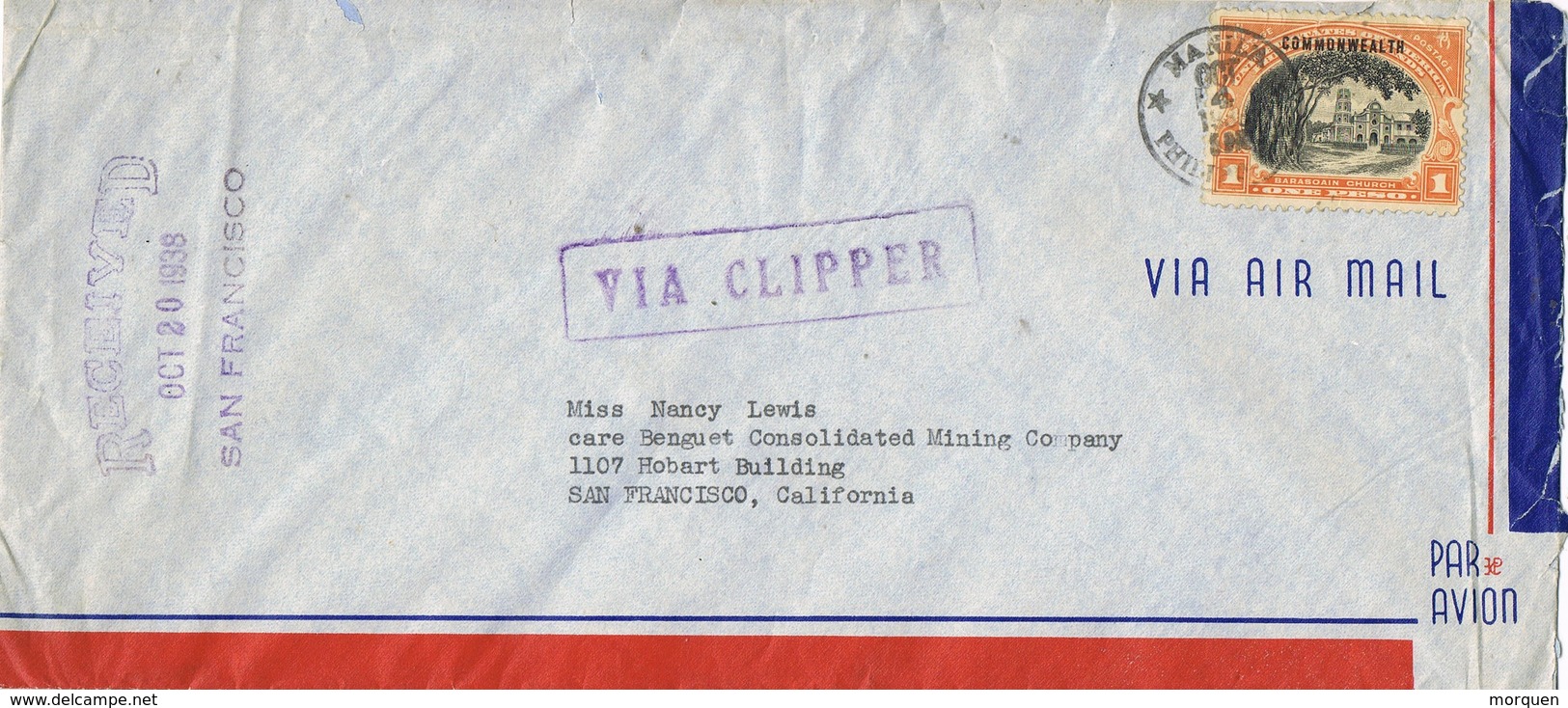 30839. Carta Aerea MANILA (Filipinas) 1936. Sobrecarga Commonwealth. VIA CLIPPER - Filipinas