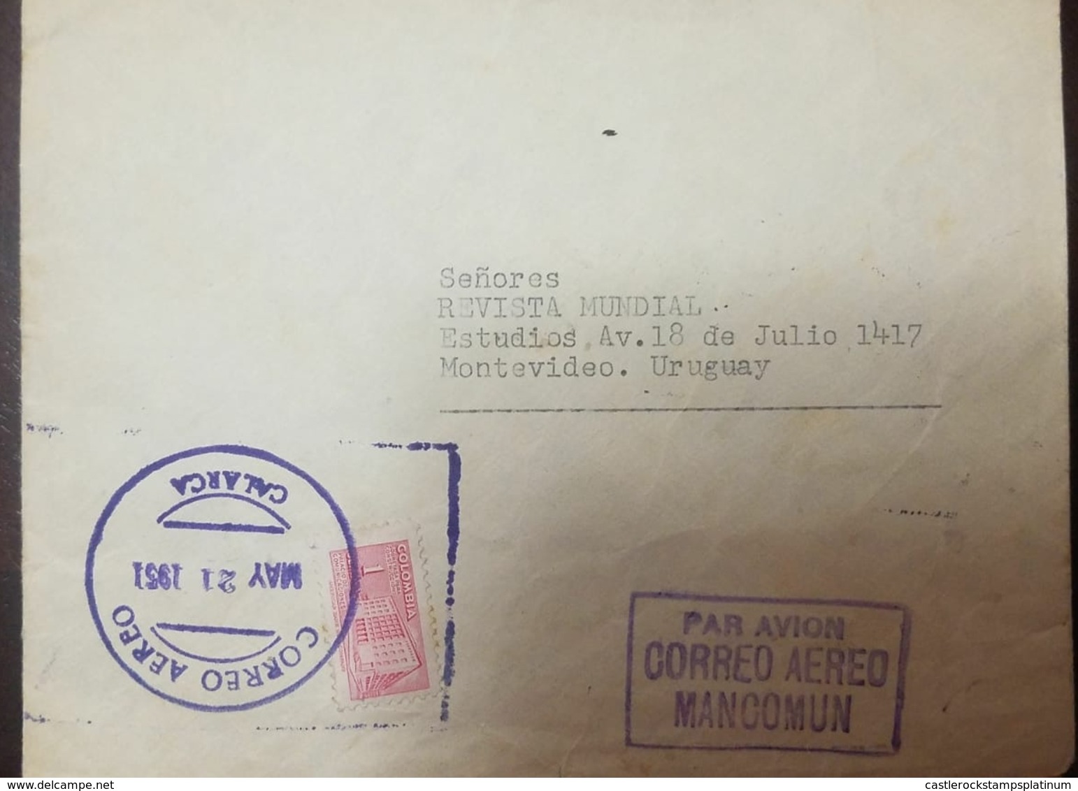 O) 1951 COLOMBIA, PALACIO DE COMUNICACIONES -COMMUNICATIONS PALACE, CORREO AEREO MANCOMUN, FROM CALARCA TO URUGUAY, XF - Colombia