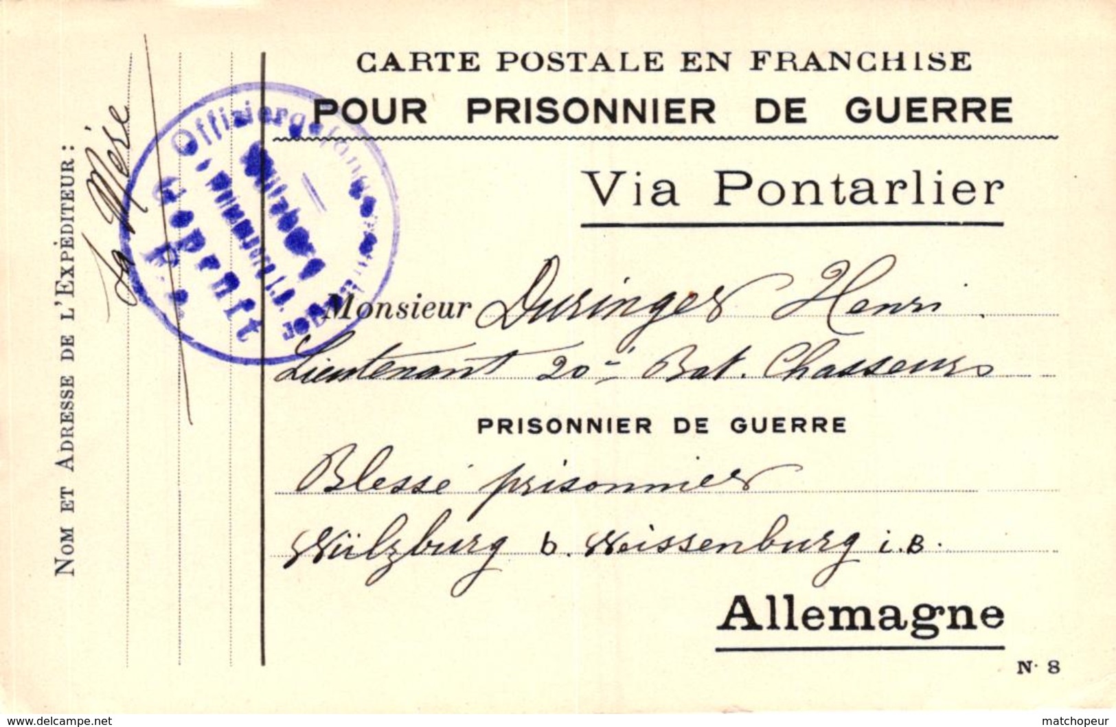 CARTE POSTALE EN FRANCHISE POUR PRISONNIER DE GUERRE VIA PONTARLIER - Guerre 1914-18