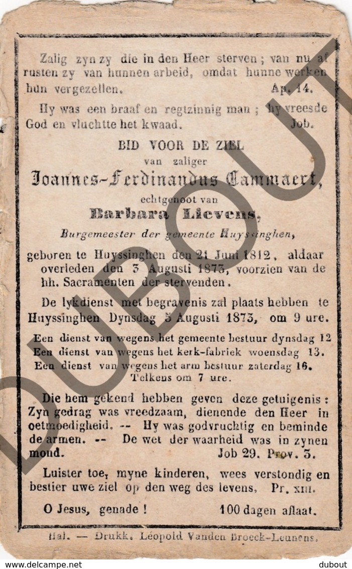 Doodsprentje Joannes-Ferdinandus Cammaert °1812 Huizingen †1873 Burgemeester Huizingen Echtg. Barbara Lievens (G9) - Obituary Notices