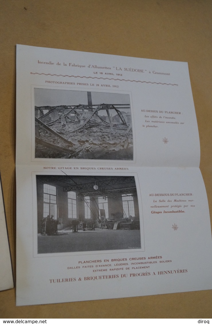 Catalogue d'Usine,Thuillerie et Briqueteries du Progrès à Hennuyères,complet + photo d'incendie,24 Cm. sur 16 Cm.