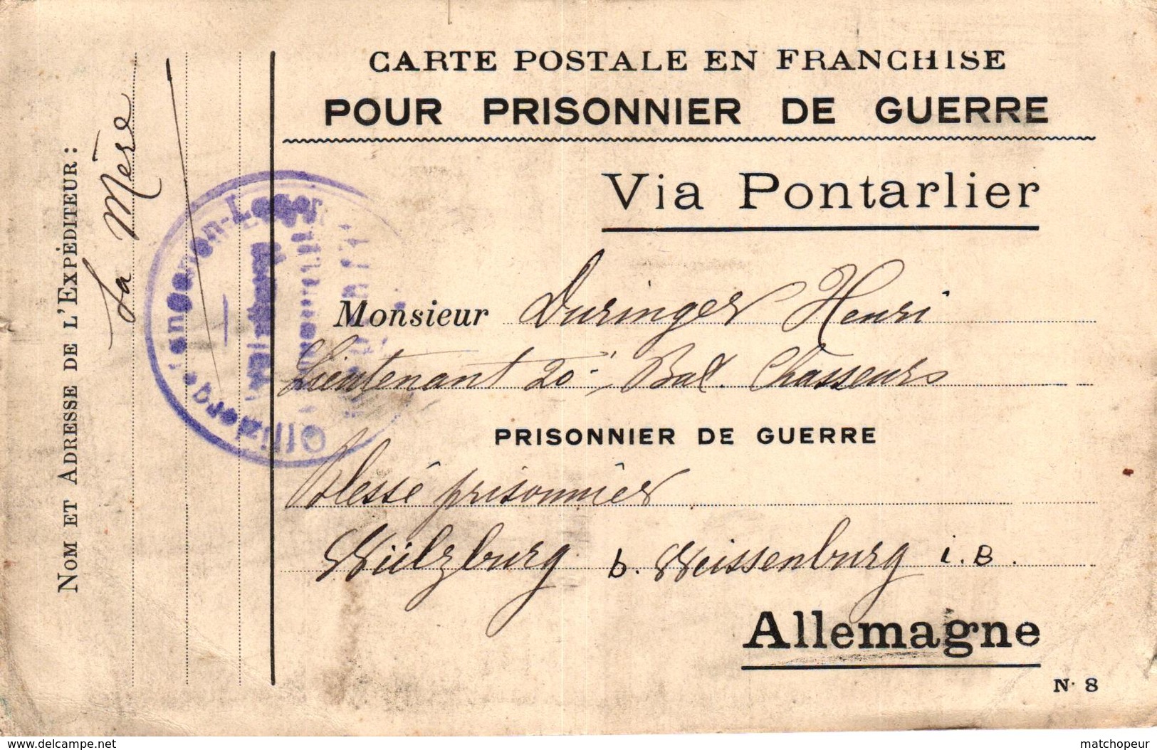 CARTE POSTALE EN FRANCHISE POUR PRISONNIER DE GUERRE VIA PONTARLIER - Guerre 1914-18