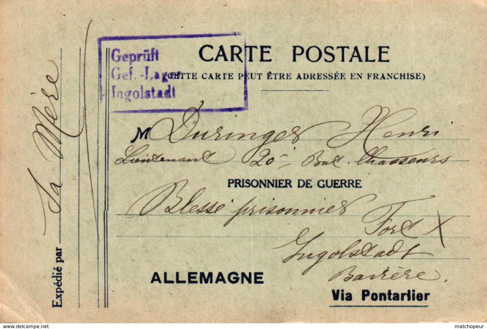 CARTE POSTALE EN FRANCHISE POUR PRISONNIER DE GUERRE VIA PONTARLIER - Guerre 1914-18