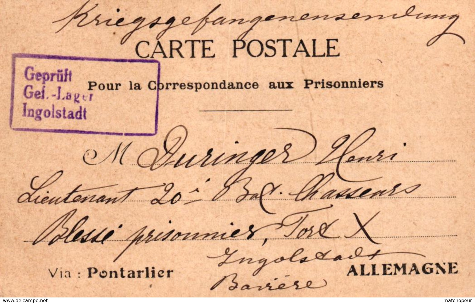 CARTE POSTALE EN FRANCHISE POUR PRISONNIER DE GUERRE VIA PONTARLIER - Guerre 1914-18