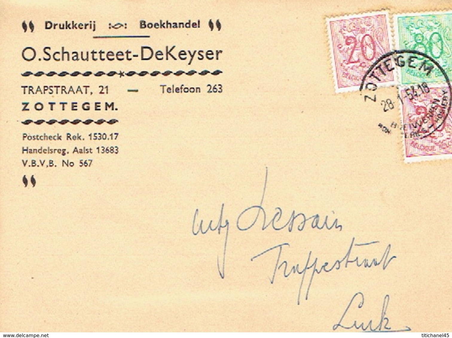 PK Publicitaire ZOTTEGEM 1954 - Header O. SCHAUTTEET-DEKEYSER - Drukkerij - Boekhandel - Zottegem