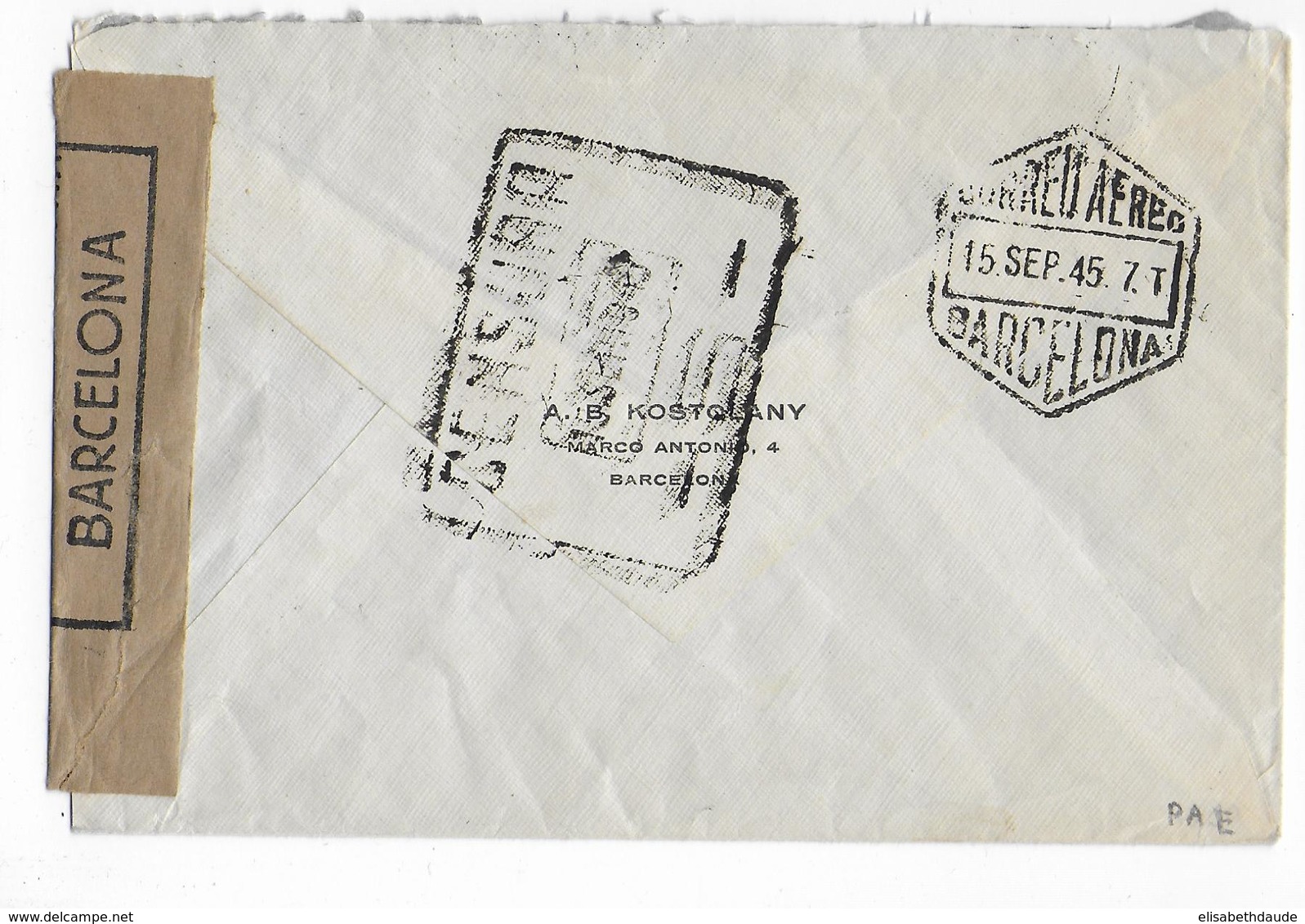 ESPAGNE - 1945 - ENVELOPPE AIRMAIL De BARCELONA Avec CACHET ESTAFETA N°7 + CENSURE => NEW YORK (USA) - Storia Postale