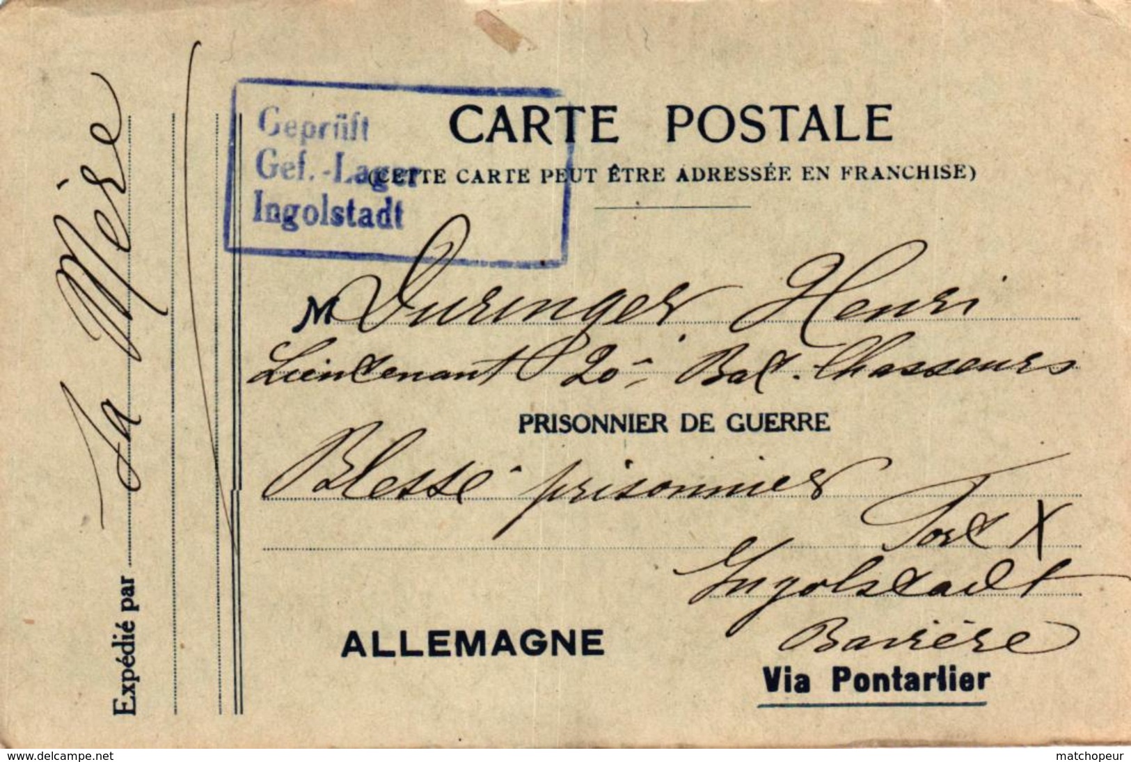 CARTE POSTALE EN FRANCHISE POUR PRISONNIER DE GUERRE VIA PONTARLIER - Guerre 1914-18