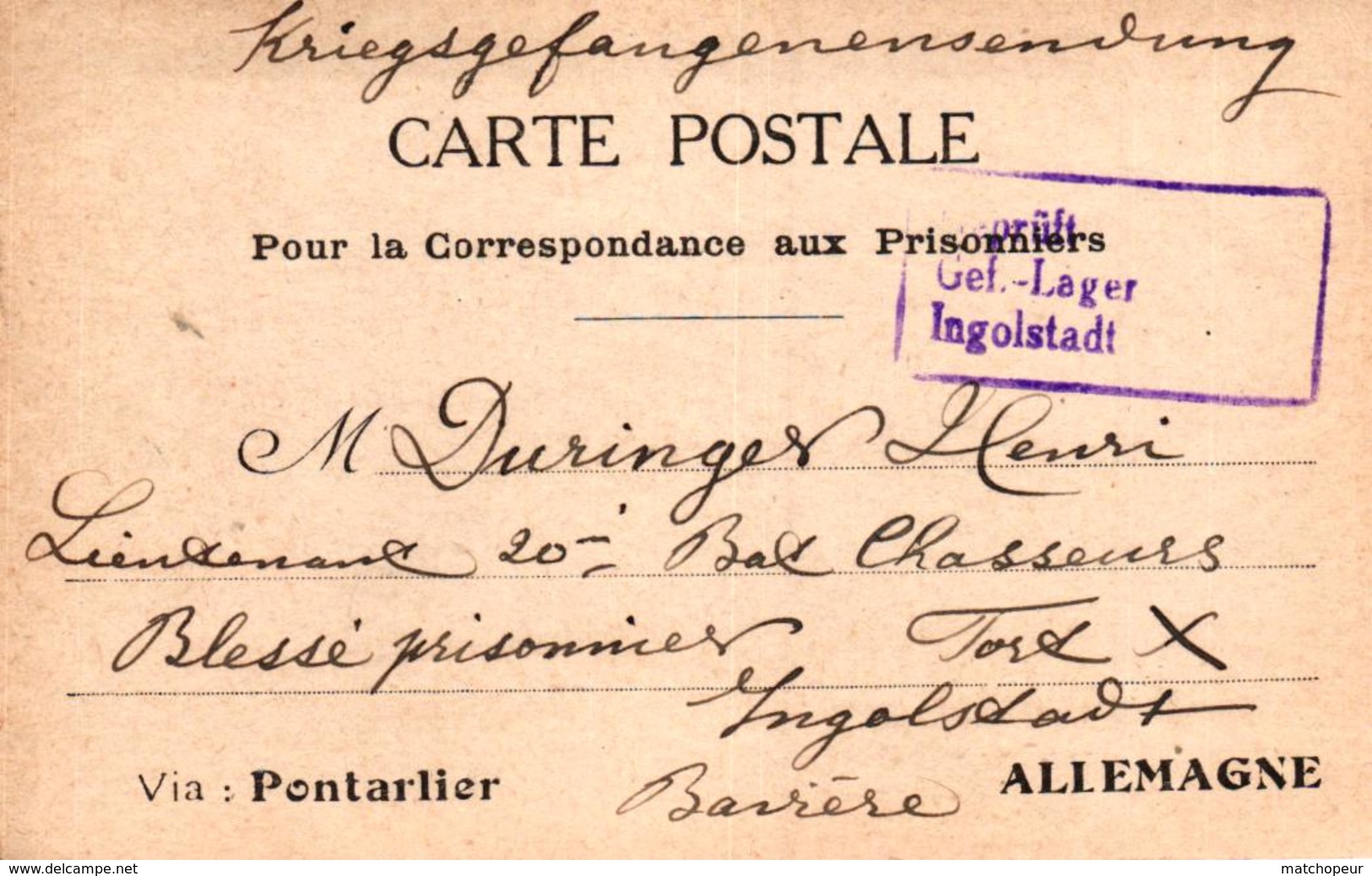 CARTE POSTALE EN FRANCHISE POUR PRISONNIER DE GUERRE VIA PONTARLIER - Guerre 1914-18