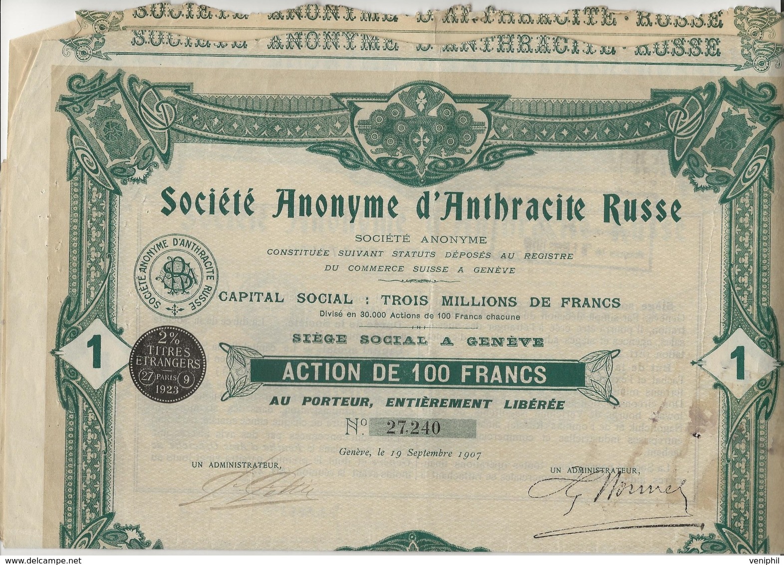 SOCIETE D'ANTHRACITE RUSSE - LOT DE 3 ACTIONS DE 100 FRANCS - ANNEE 1907 - Miniere