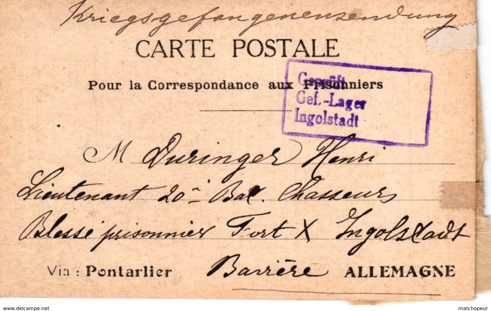 CARTE POSTALE EN FRANCHISE POUR PRISONNIER DE GUERRE VIA PONTARLIER - AVEC TREFLE A QUATRE FEUILLES - Guerre 1914-18