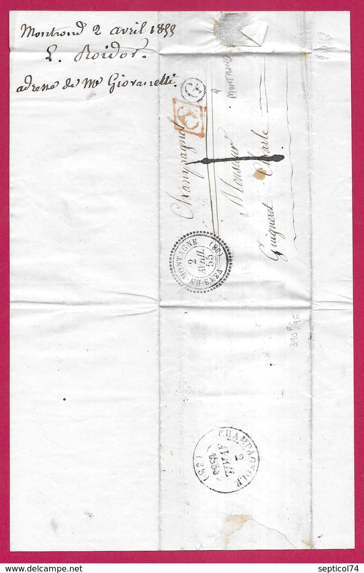 CAD TYPE 22 VERS EN MONTAGNE JURA 1855 TAXE LOCALE 1D CD ROUGE BOITE RURALE G MONTROND POUR CHAMPAGNOLE - 1849-1876: Période Classique