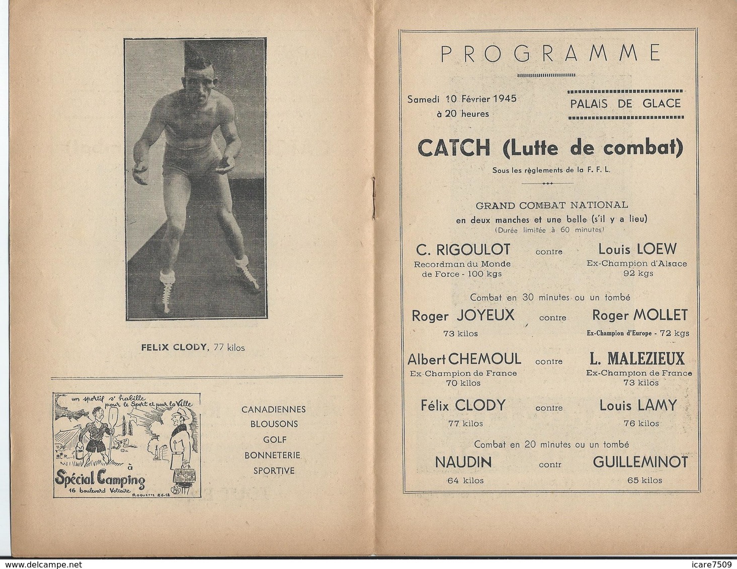 PARIS - CATCH Au Palais De Glace Le Samedi 10 Février 1945 - 8 Pages Avec Photos De Catcheurs Et Pub. - Programmes