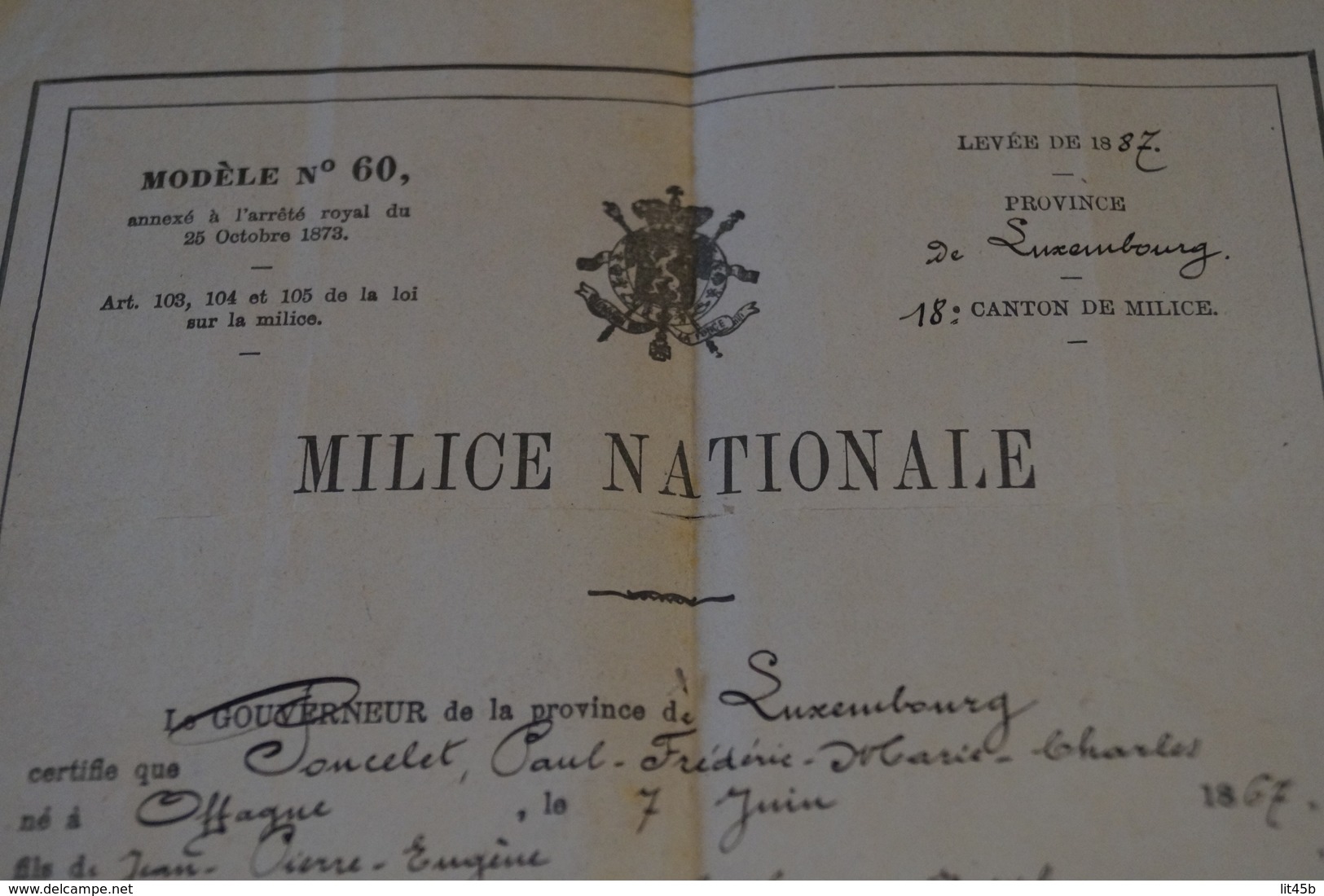 Ancien Document,milice Nationale,levée 1887,province Du Luxembourg,Mr.Poncelet,Offagne,Paliseul,32 Cm./21 Cm - Documents Historiques