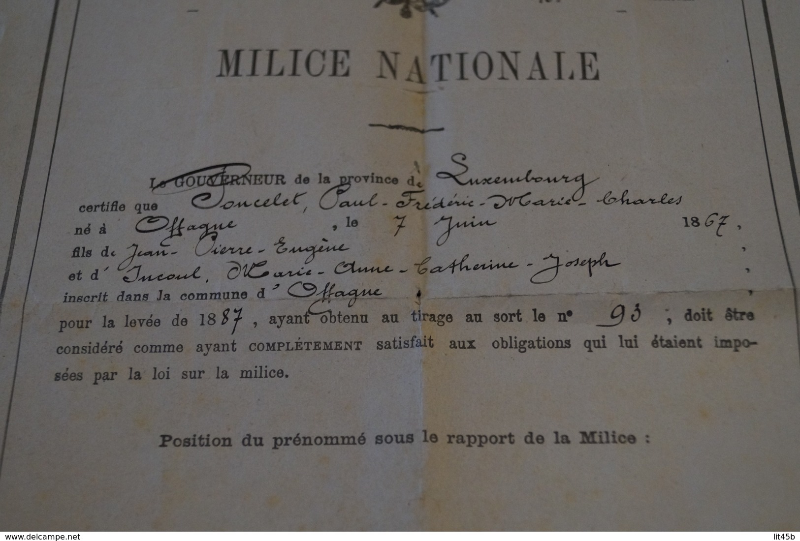 Ancien Document,milice Nationale,levée 1887,province Du Luxembourg,Mr.Poncelet,Offagne,Paliseul,32 Cm./21 Cm - Documents Historiques