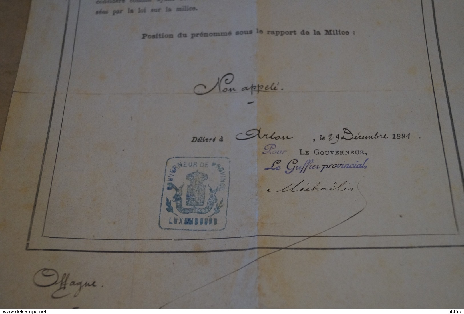 Ancien Document,milice Nationale,levée 1887,province Du Luxembourg,Mr.Poncelet,Offagne,Paliseul,32 Cm./21 Cm - Documents Historiques