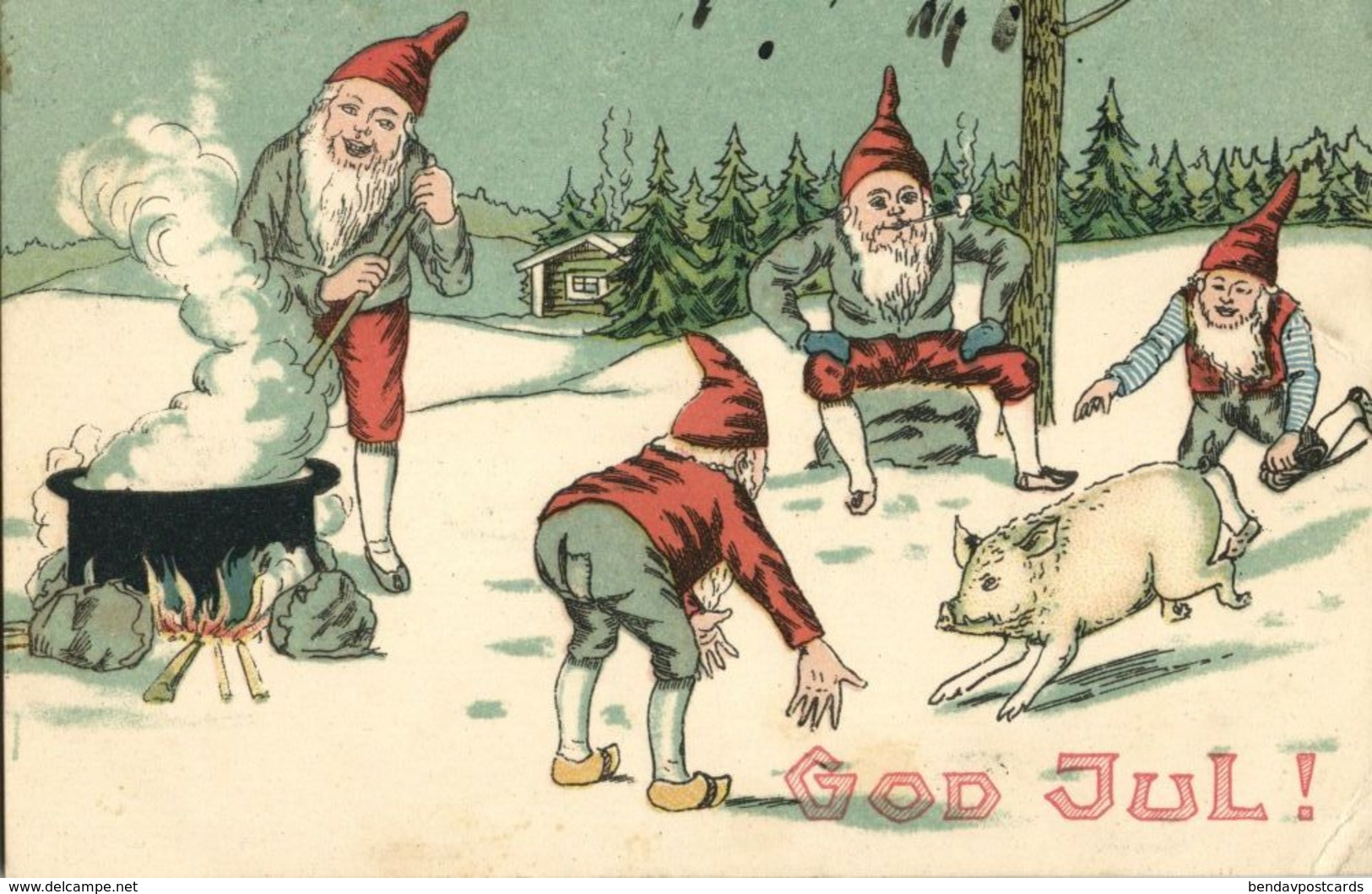 GOD JUL!, Swedish Christmas Postcard, Gnomes Catching Pigs For Dinner (1909) - Other & Unclassified