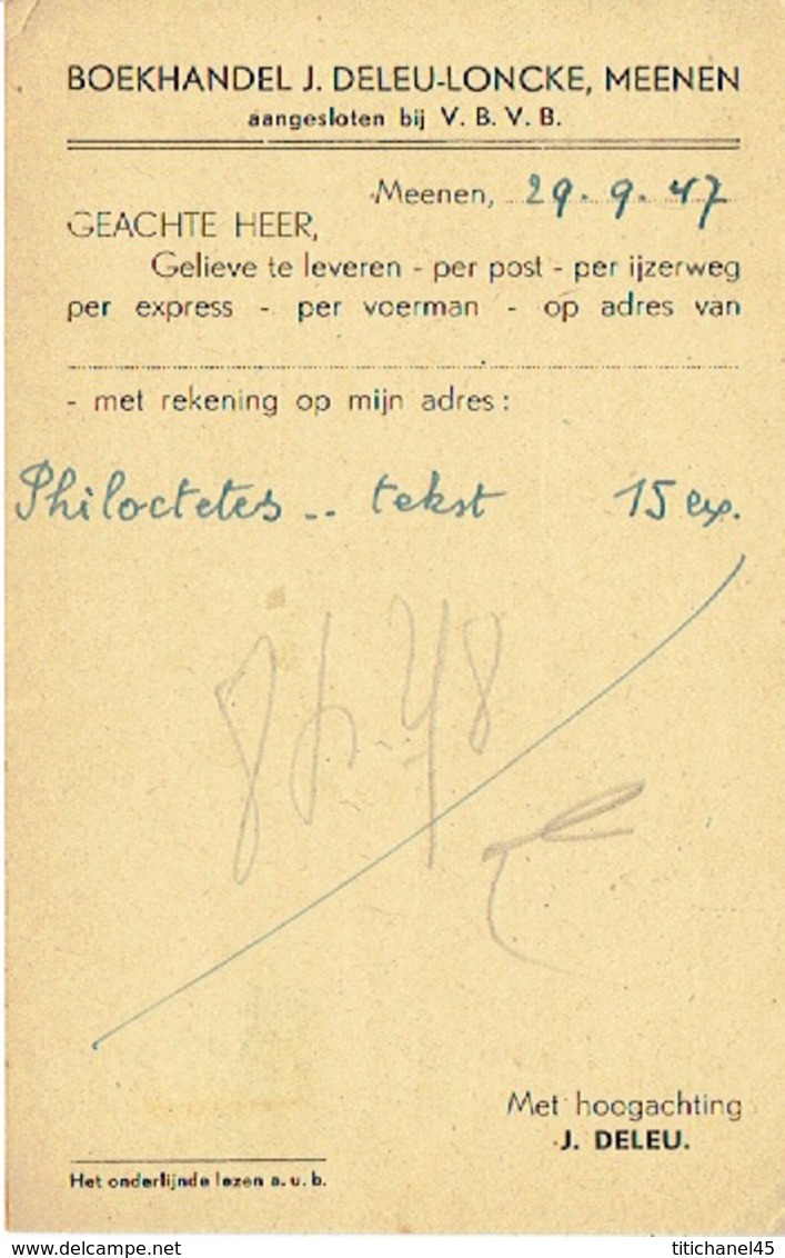 Postkaart Publicitaire MENEN 1947- J. DELEU-LONCKE - Boekhandel - Menen