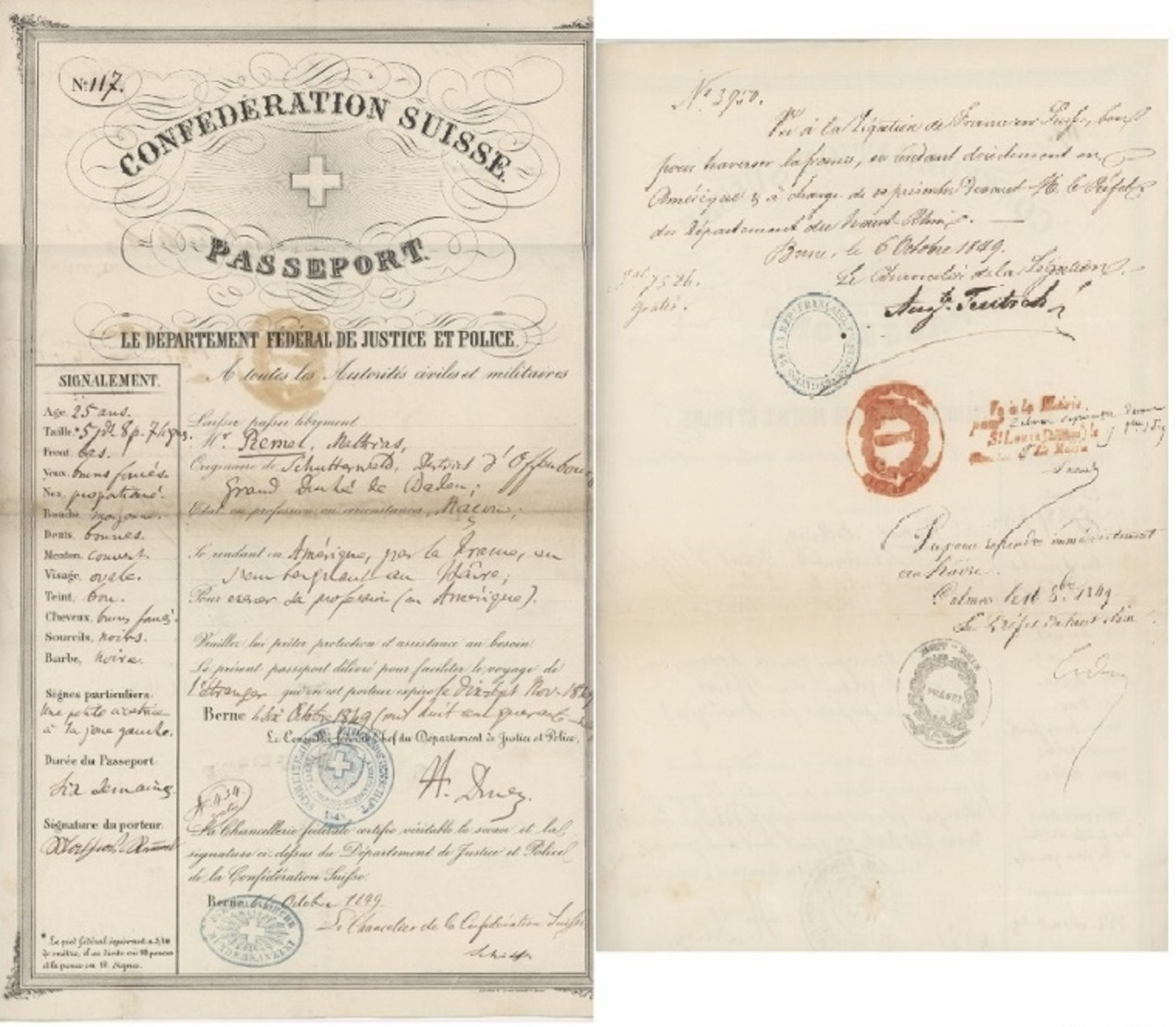 Passeport Suisse Berne 1849 Pour Les USA Généalogie Remel Schutterwald District D’Offenbourg - Documenti Storici
