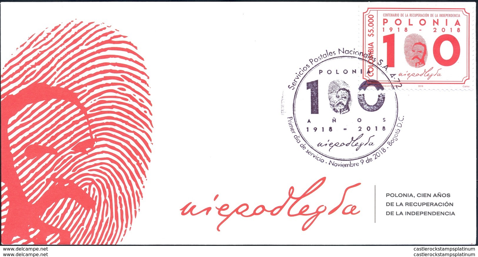 O) 2018 COLOMBIA, POLAND REGAINING INDEPENDENCE-JOZEF PILSUDSKI -FINGERPRINT-FIRST CHIEF OF INDEPENDENT POLAND. FDC XF - Colombia