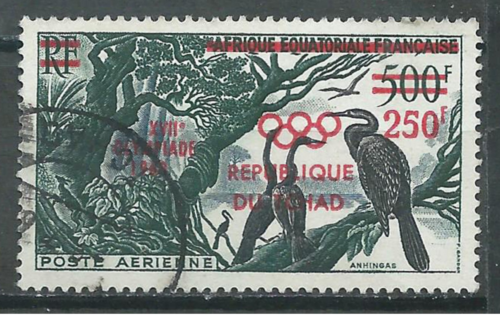 Tchad Poste Aérienne YT N°1 Anhingas Surchargé Jeux Olympiques De Rome 1960 Oblitéré ° - Tchad (1960-...)