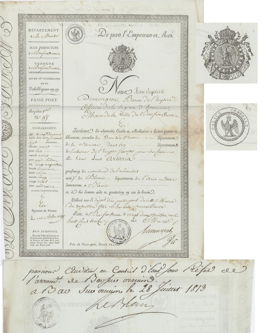 Passeport 1813 Héraldique Papier Timbré Bar Sur Ornain Blerio Département De L’Ario Généalogie Ortaria - Documents Historiques