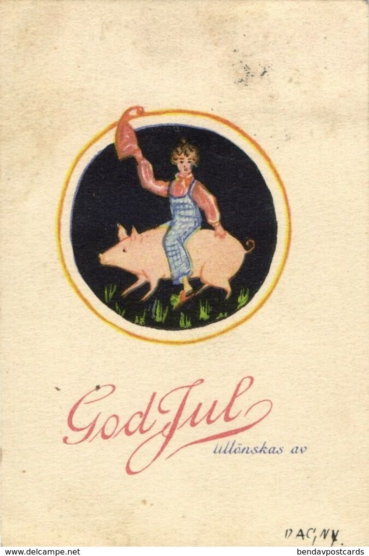 GOD JUL!, Swedish Christmas Postcard, Gnome Riding A Pig (1940s) - Other & Unclassified