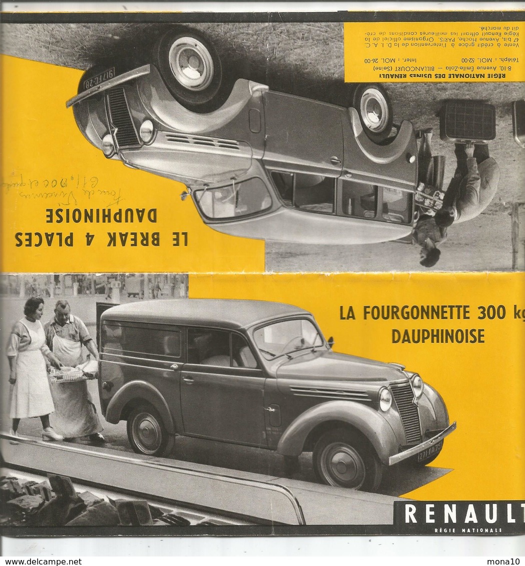Dépliant Publicitaire, Renault Fourgonnette Dauphinoise; Break 4 Places Dauphinoise, à Billancourt - Automovilismo