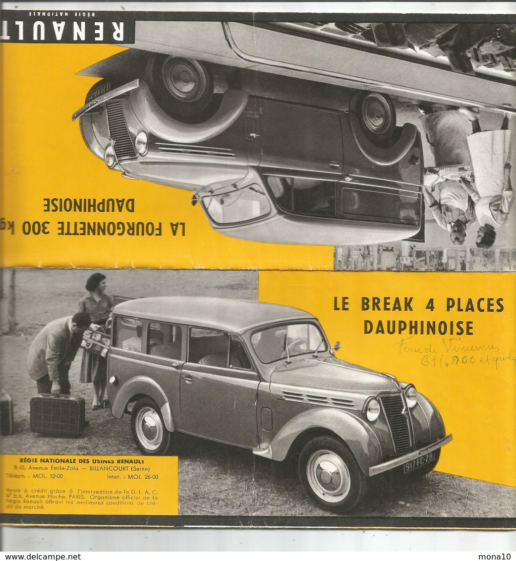 Dépliant Publicitaire, Renault Fourgonnette Dauphinoise; Break 4 Places Dauphinoise, à Billancourt - Automovilismo