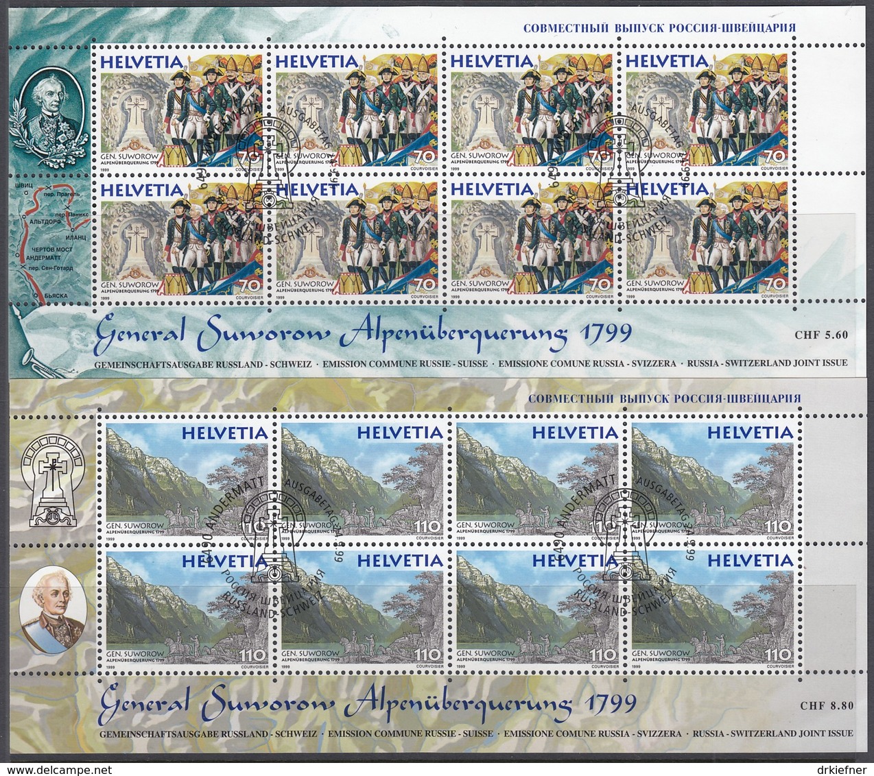 SCHWEIZ 1699-1700, 2 Kleinbogen, Gestempelt, 200 Jahre Alpenüberquerung Russischer Truppen 1999 - Blocks & Kleinbögen