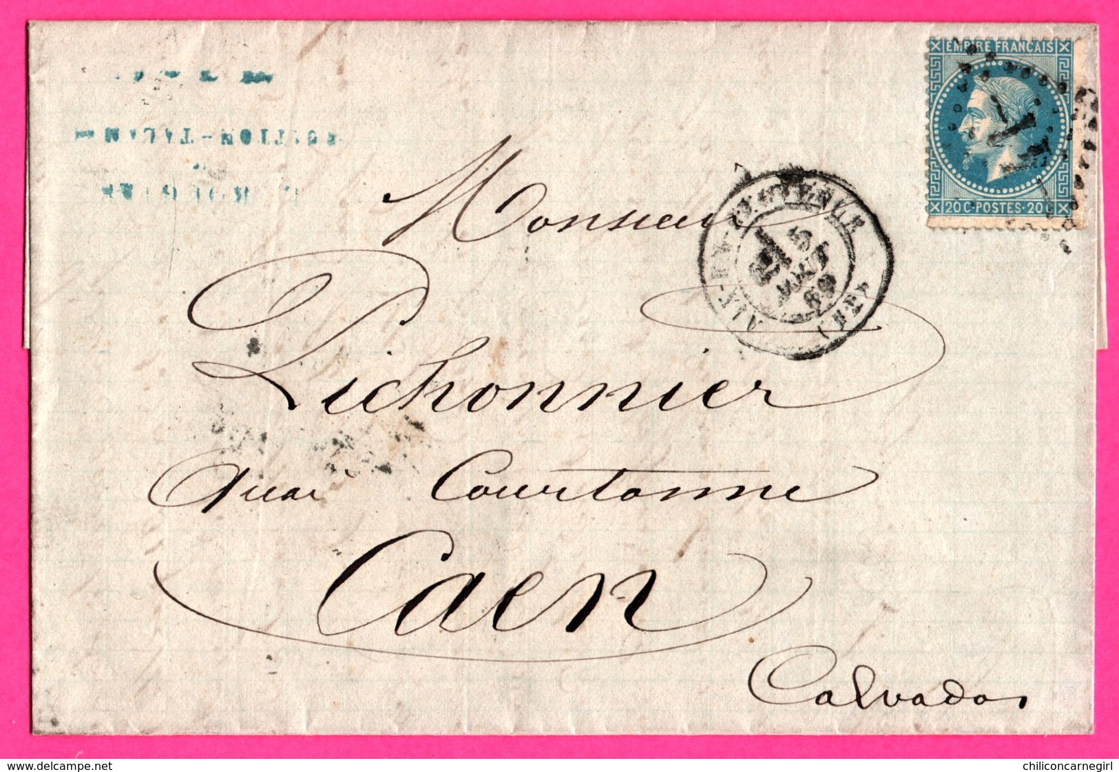 Napoléon III - Lettre Aix En ?? ( Cher ) Vers Caen 1869 - Oblit. Losange Surpiquage N° 41 - Convoyeur MARSEILLE à PARIS - Poste Ferroviaire