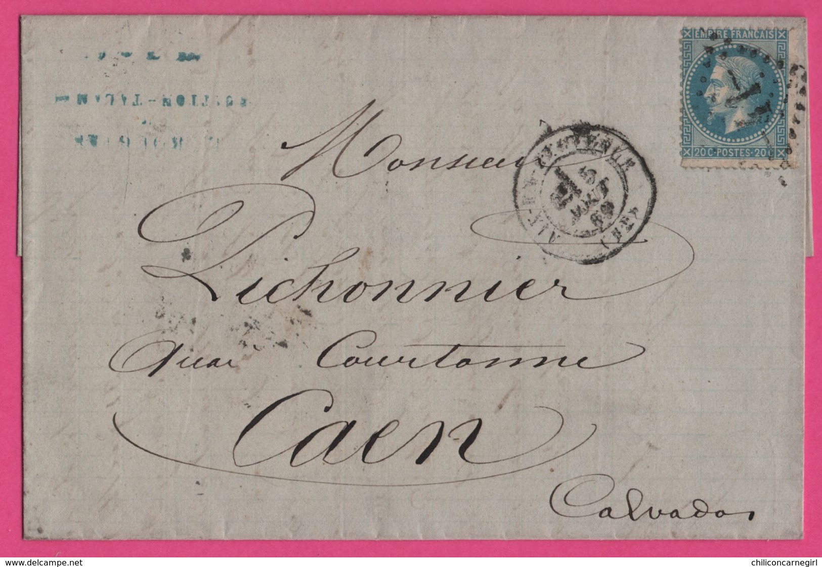 Napoléon III - Lettre Aix En ?? ( Cher ) Vers Caen 1869 - Oblit. Losange Surpiquage N° 41 - Convoyeur MARSEILLE à PARIS - Poste Ferroviaire