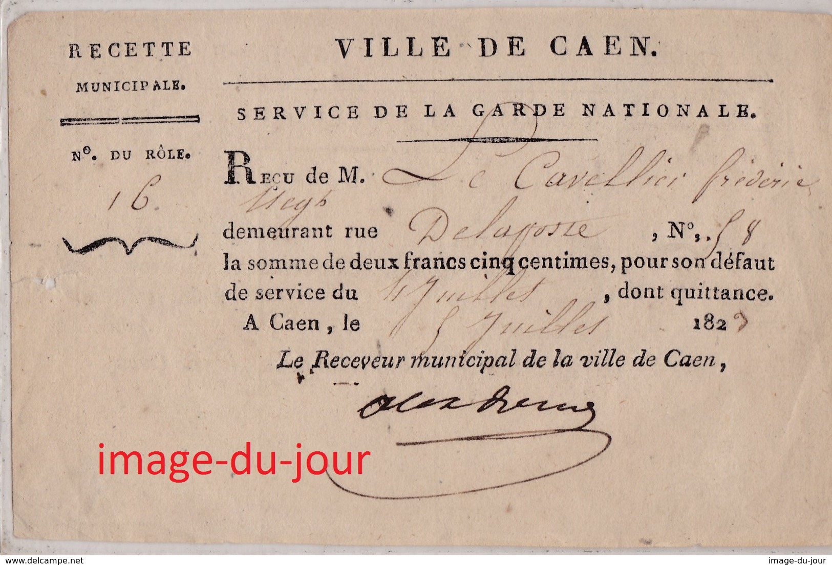 Service De La Garde Nationale 1829 Ville De Caen  Militaire Défaut De Service Recette Municipale - Documents Historiques