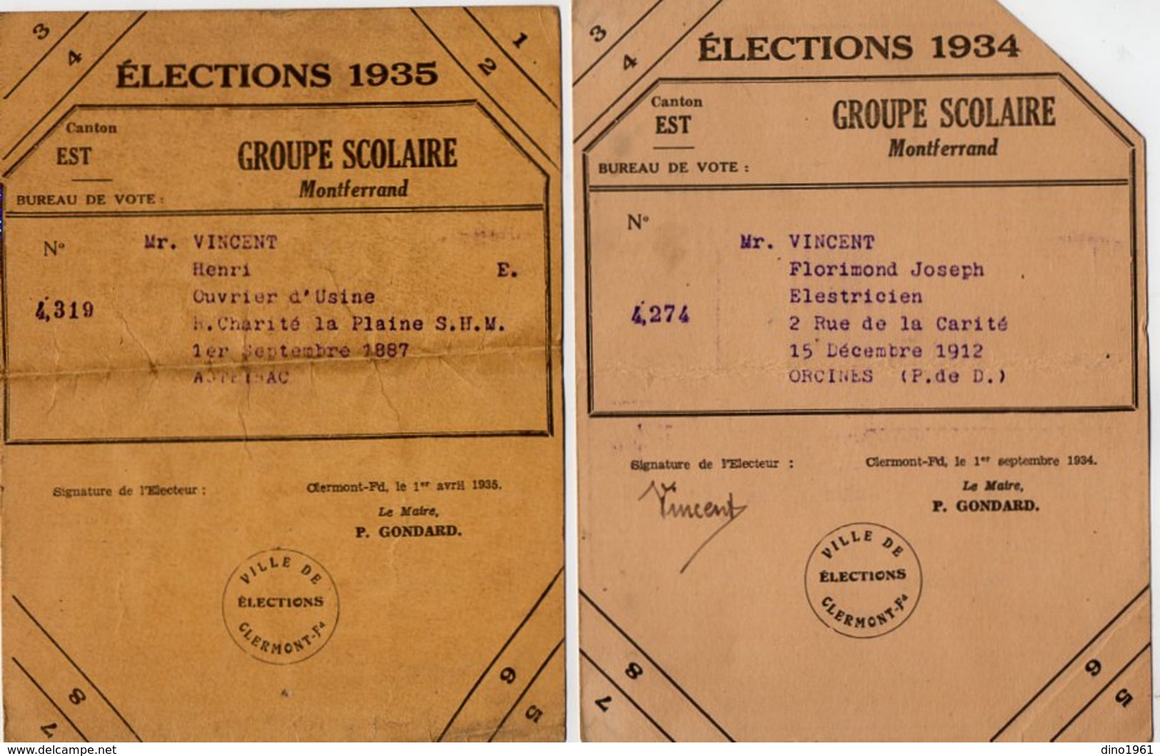 VP13.677 - Ville De CLERMOND FERRAND - Carte D'Electeur X 4 - Mr VINCENT à ORCINES - Collections