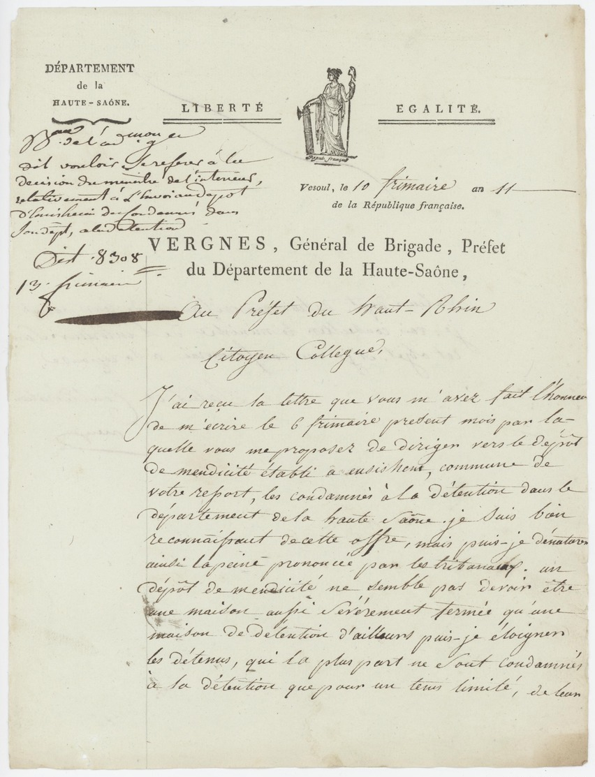 Vesoul An 11-1.12.1802 Vergnes,Général De La Brigade  Dépôt Mendicité  Ensisheim  Héraldique - Documents Historiques