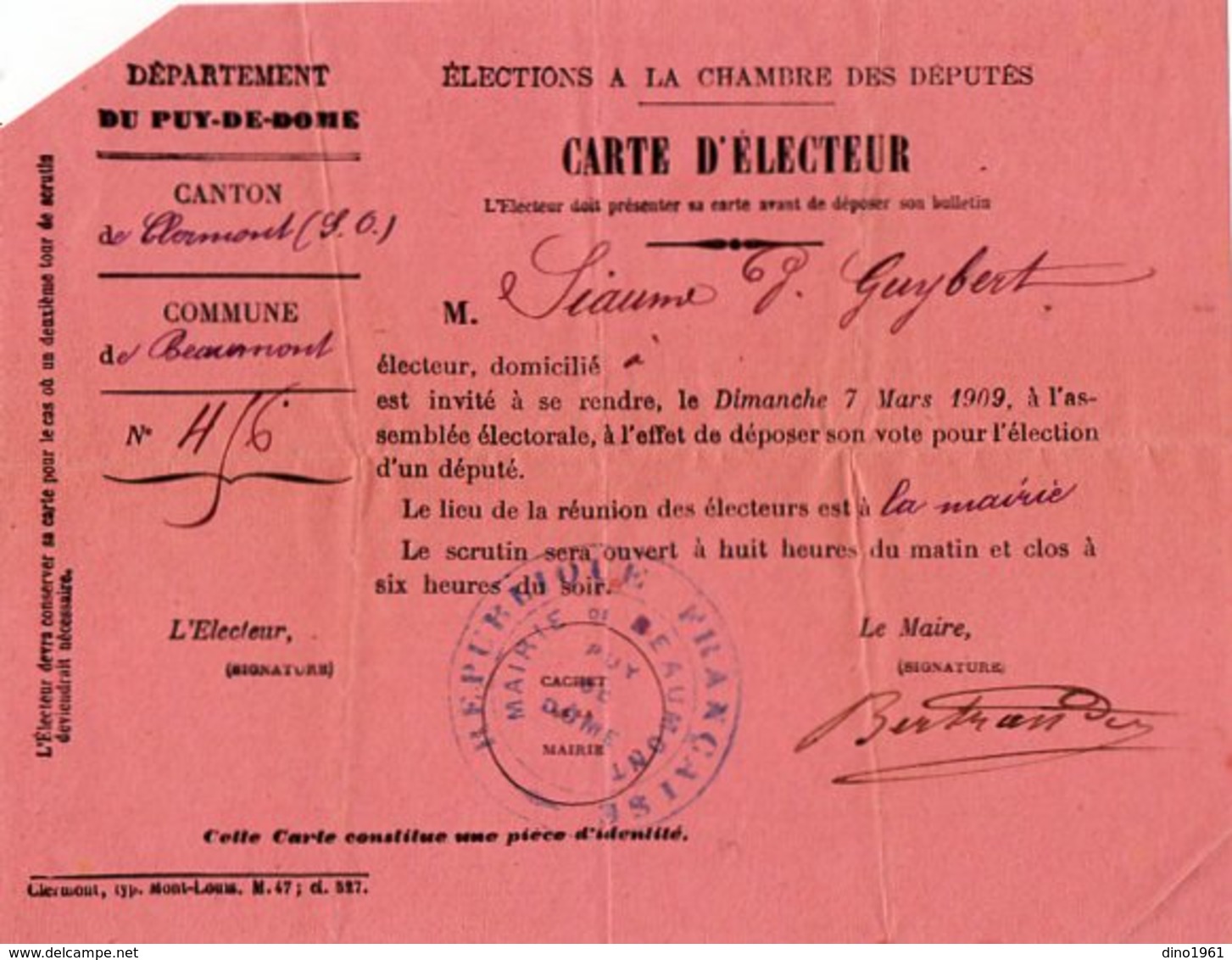 VP13.680 - CLERMONT FERRAND 1909  - Carte D'Electeur - Veuve GUYBERT à BEAUMONT - Collections