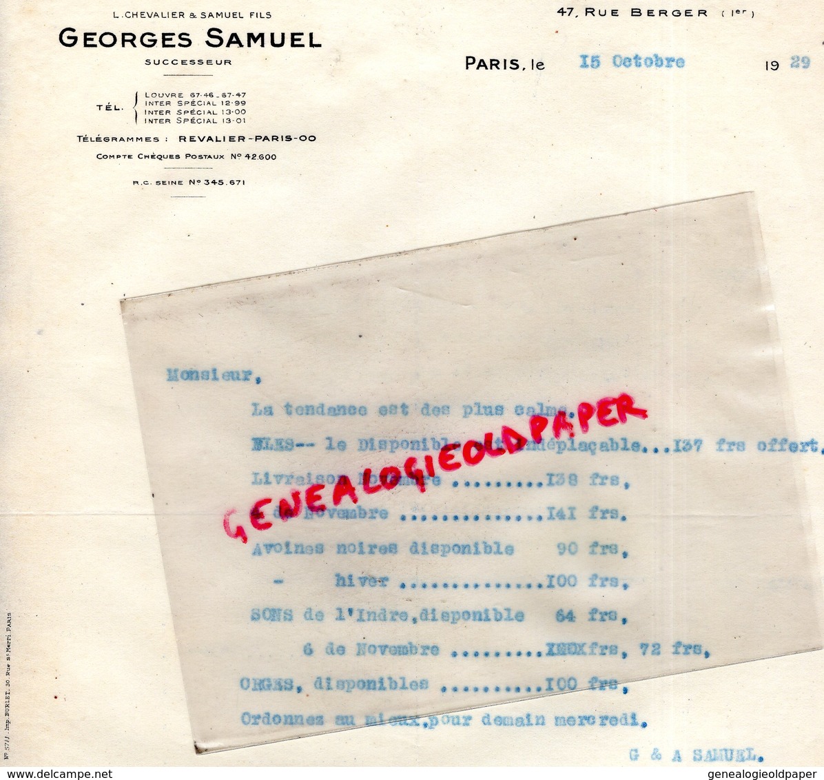 75- PARIS- RARE LETTRE GEORGES SAMUEL -L. CHEVALIER- 47 RUE BERGER- 1929- AGRICULTURE BLES- AVOINES SONS ORGES - Agriculture