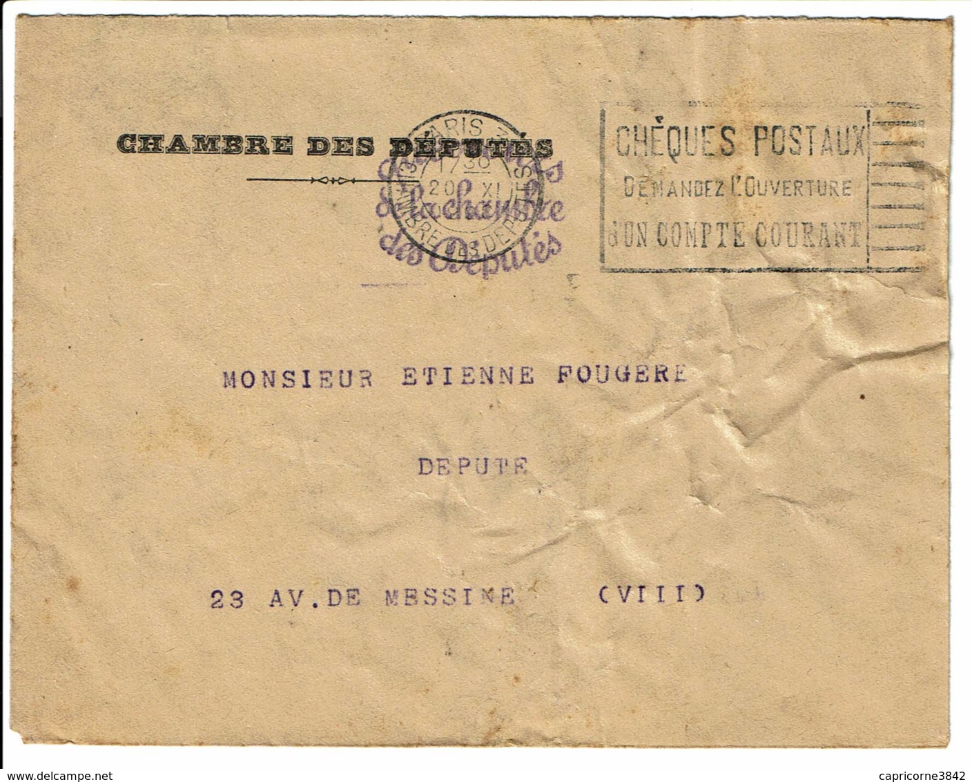1926 - Franchise "QUESTEURS DE LA CHAMBRE DES DEPUTES" - Obl Mach. International PARIS 31 CHAMBRE DES DEPUTES - Frankobriefe