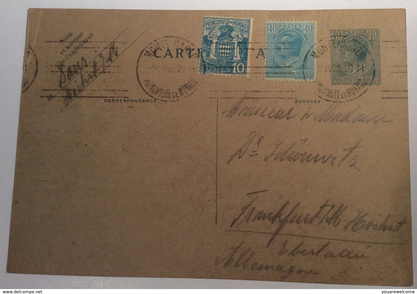 MONACO Prince Louis II 1927 Entier Postal 40c C.p BLEU SUR VERDÂTRE  (cover Lettre Entiers Postaux Postal Stationery - Ganzsachen