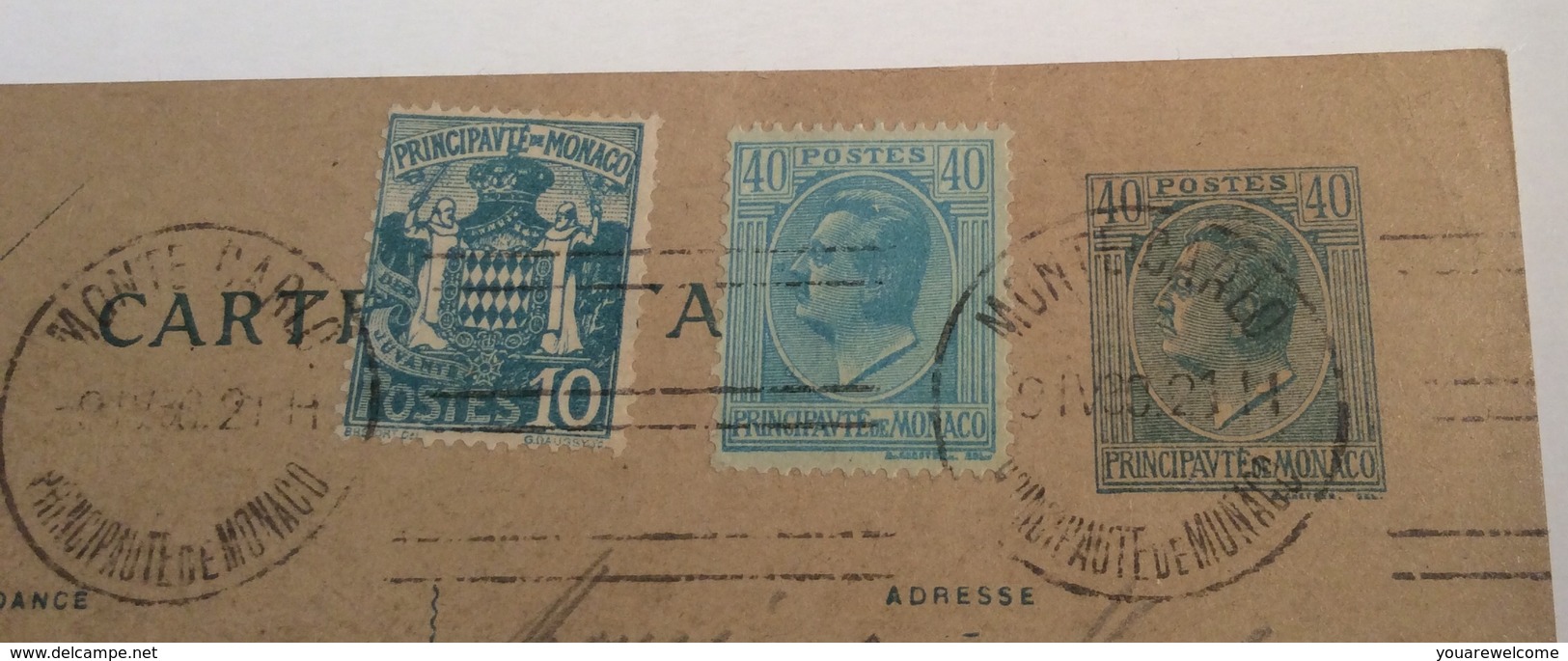 MONACO Prince Louis II 1927 Entier Postal 40c C.p BLEU SUR VERDÂTRE  (cover Lettre Entiers Postaux Postal Stationery - Ganzsachen