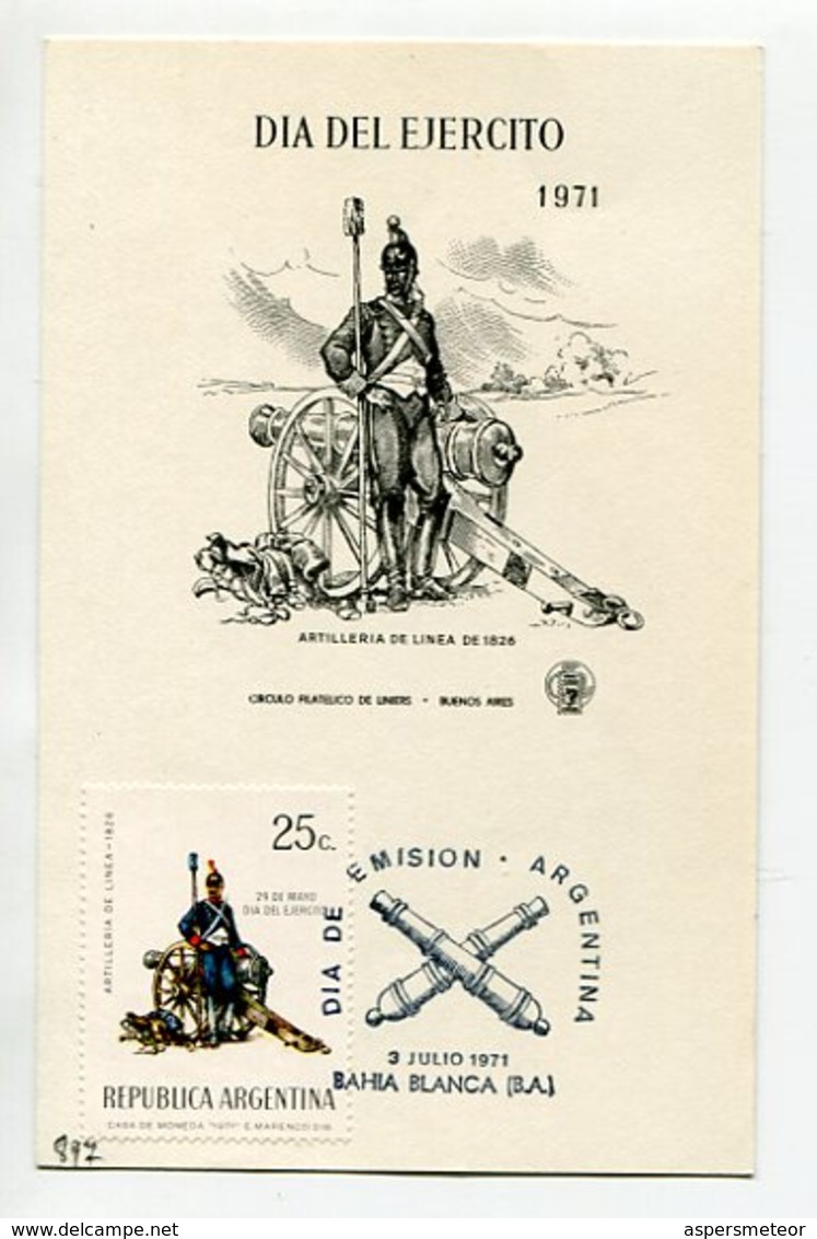 TARJETA FDC DIA DEL EJERCITO ARTILLERIA DE LINEA DE 1826 DIA DE EMISION 1971 BAHIA BLANCA ARGENTINA -LILHU - Militaria