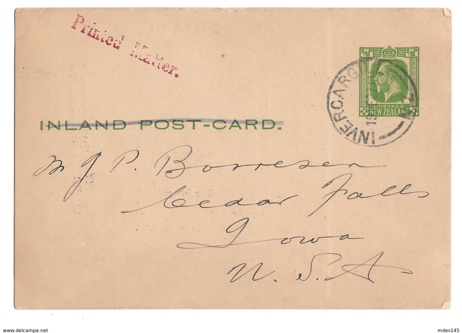 New Zealand 1924 1/2d George V Inland Postal Card To US Advert Awarua Stamp Co - Covers & Documents