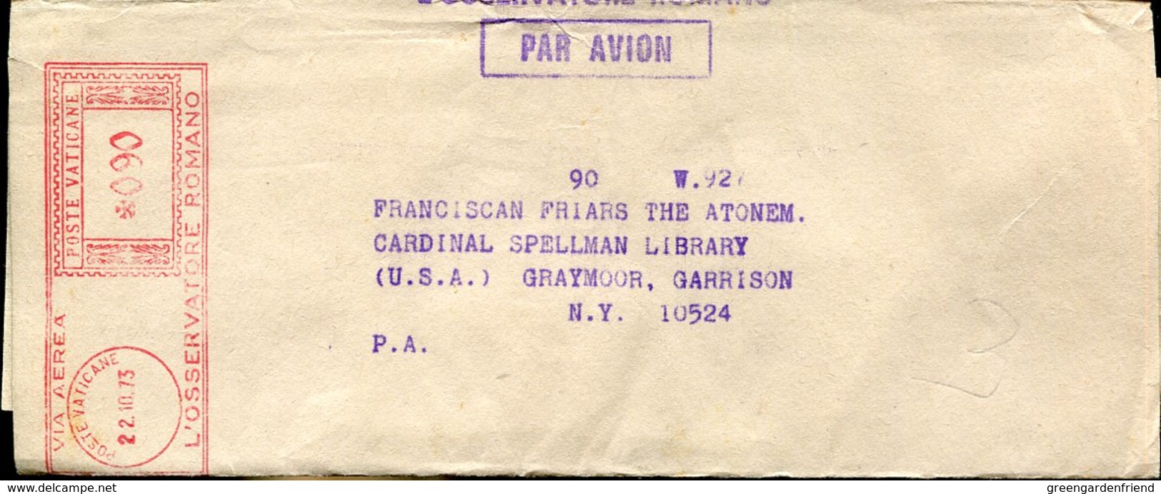 40708 Vaticano, Red Meter Freistempel Ema Osservatore Romano 1973 Newspaper Of Vatican, With Wrapper Circuled To U.s.a. - Macchine Per Obliterare (EMA)