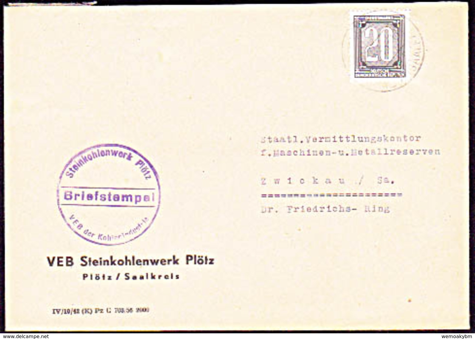 DDR/Dienst/ZKD: Brief Mit 20 Pf ZKD Abs: VEB Steinkohlenwerk Plötz (Saale) -nur 6 Mon. Gültig 1.4.-30.9.56 - Lettres & Documents