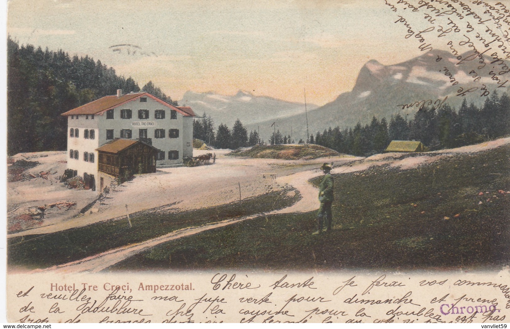 CORTINA D'AMPEZZO-BELLUNO-HOTEL = TRE CROCI =-CARTOLINA VERA FOTOGRAFIA- VIAGGIATA IL 17-10-1904 - Belluno