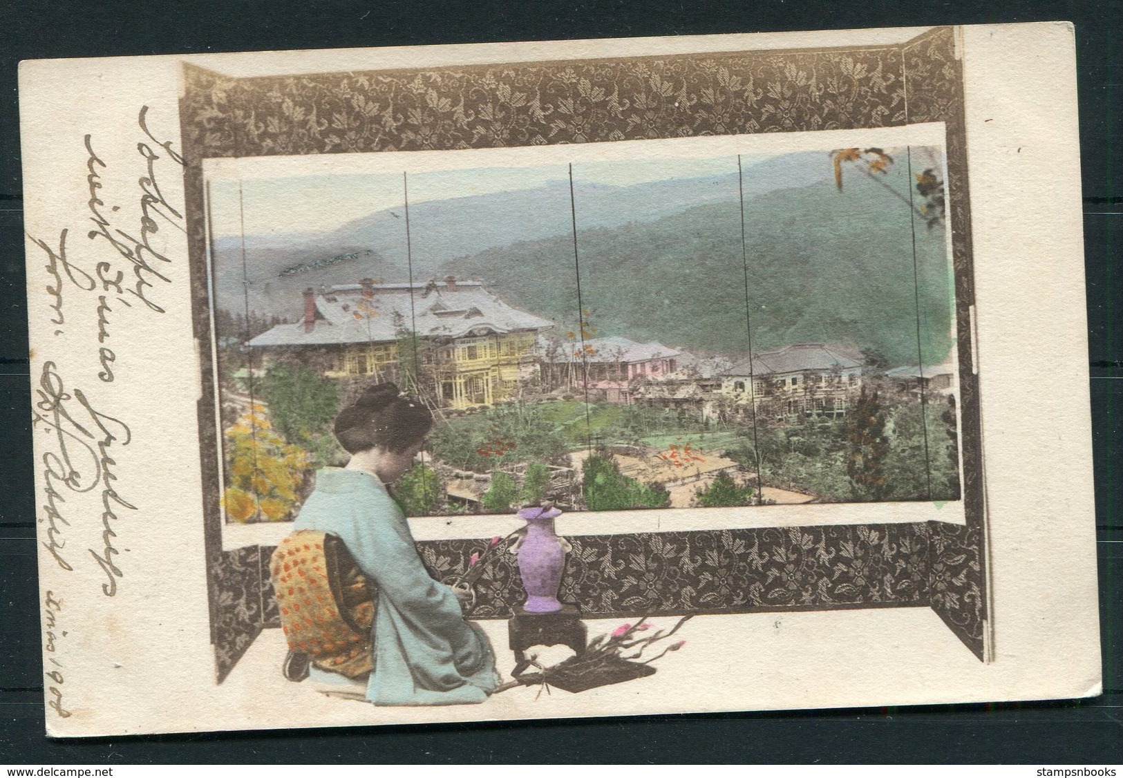 1908 Japan Geisha Painting Postcard. Yokohama - Seattle USA - Covers & Documents